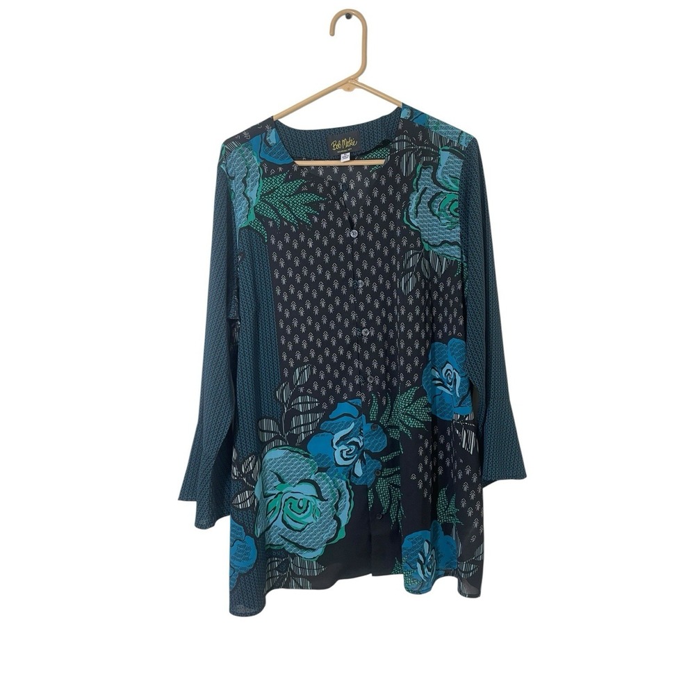 Bob Mackie XL Abstract Floral Button Down Tunic Artsy Blue Coastal Grandma